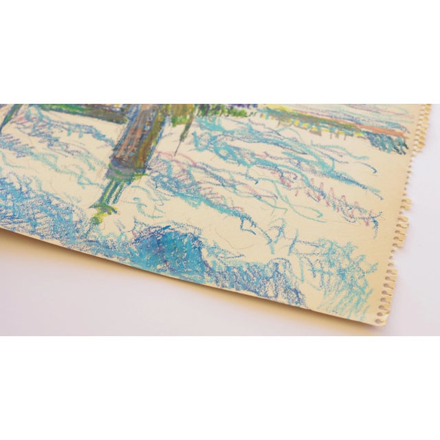 Paper Mid-Century Swedish Folk Art Oil Pastel Drawing of Stockholm City Hall in Sky Blue, Pink, Purple, Teal, Green For Sale - Image 7 of 18