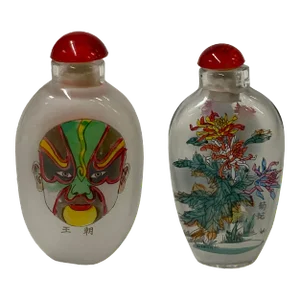 2 X Chinese Glass Snuff Bottle Oriental Scenery Mask Graphic