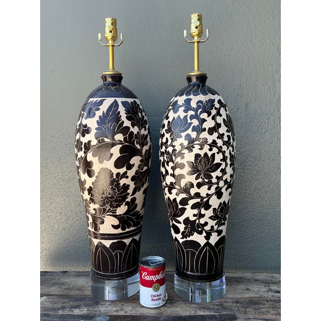 Contemporary Vintage Matte Glazed Ceramic Floral Lamps - A Pair For Sale - Image 3 of 12