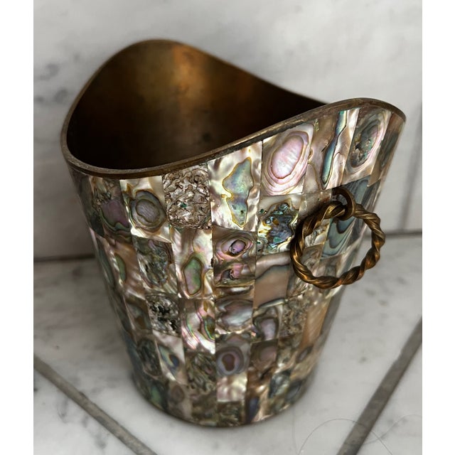 Vintage Taxco Mexican Abalone & Brass Ice Bucket W Tongs For Sale - Image 10 of 13