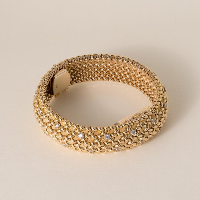 Vintage Concord Hidden Watch 1 Carat Diamonds 14k Flexible Woven Gold Bracelet For Sale In Los Angeles - Image 6 of 8