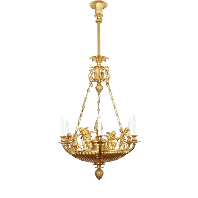 Empire Style Chandelier in Gilded Bronze with Cherubs, 1950s For Sale