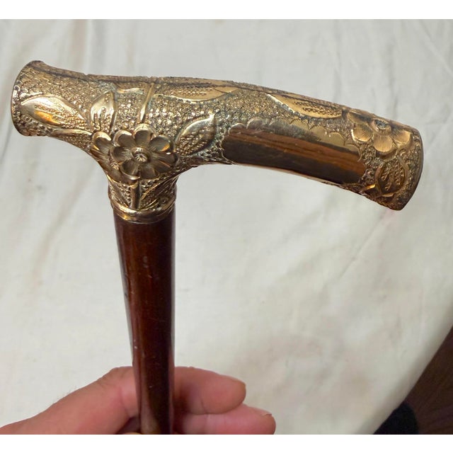 Antique 19th Century Victorian Chased Yellow Gold Filled Wood Walking Stick Cane For Sale - Image 10 of 13