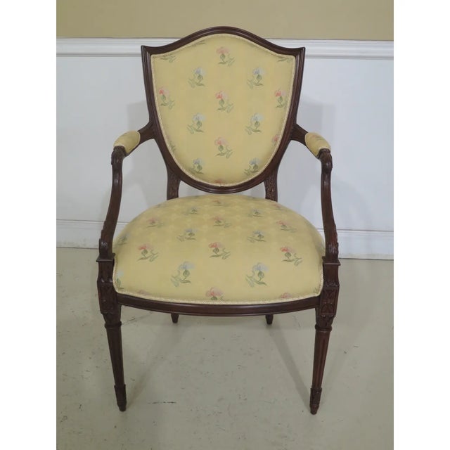 Set Of 2 Shield Back Style Upholstered Arm Chairs Age: Approx: 20 Years Old Details: Fine Carved Details High Quality...