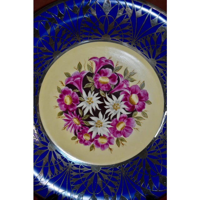 Art Nouveau Vtg. Colbalt Blue, Floral Bouquet W/Silver Overlay Plate Made in Germany For Sale - Image 3 of 13