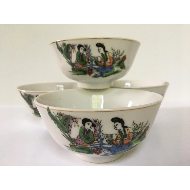 Mid-20th Century Gold Rimmed Porcelain Rice Bowls With Japanese Scenes ...