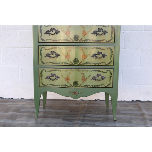1950s French Provincial Hand-Painted Green Tall Chest of Drawers For Sale In Los Angeles - Image 6 of 18