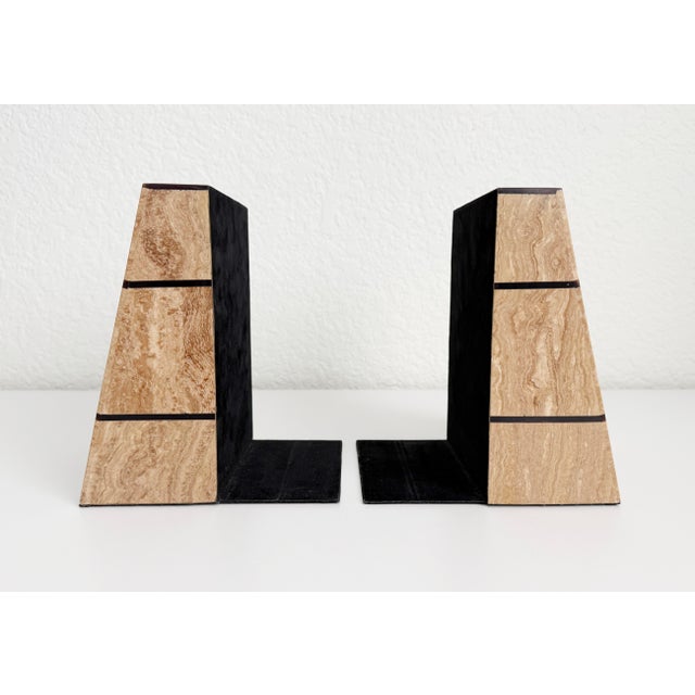 A substantial pair of circa 1980s Art Deco Revival style bookends made of tessellated stone. Contrasting taupe and black...