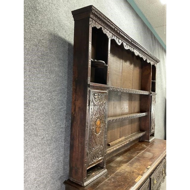 Beautiful antique carved oak? step-back sideboard featuring richly detailed hand-carved ornamentation, open display...