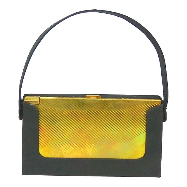 Circa 1940 Volupte Gold Complete Compact Music Box Novelty Bag For Sale