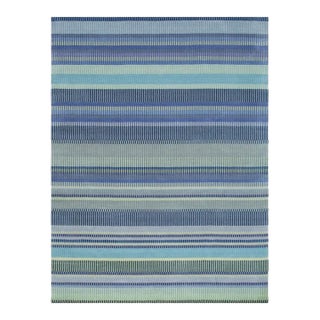 9x12 Blue Hand-Knotted Wool Striated Bands Geometric Modern Carpet Rug For Sale