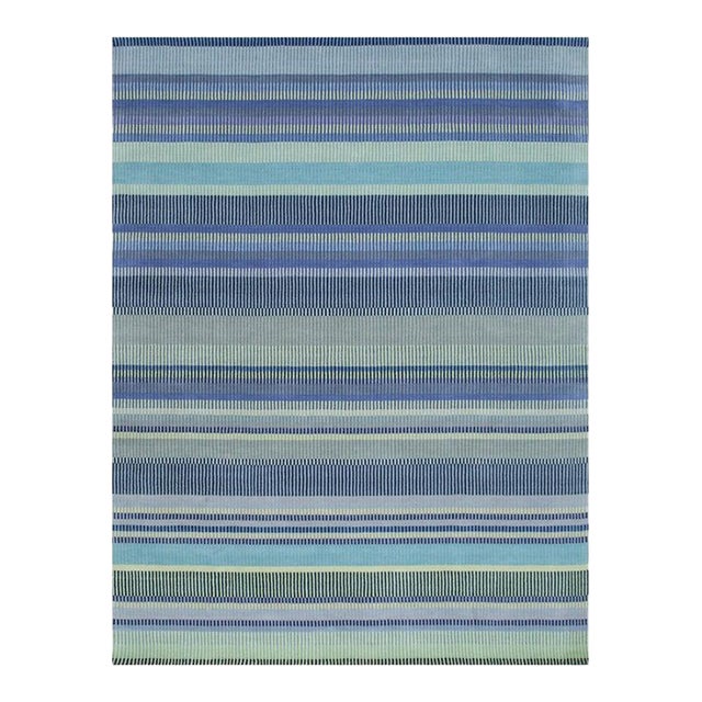 9x12 Blue Hand-Knotted Wool Striated Bands Geometric Modern Carpet Rug For Sale