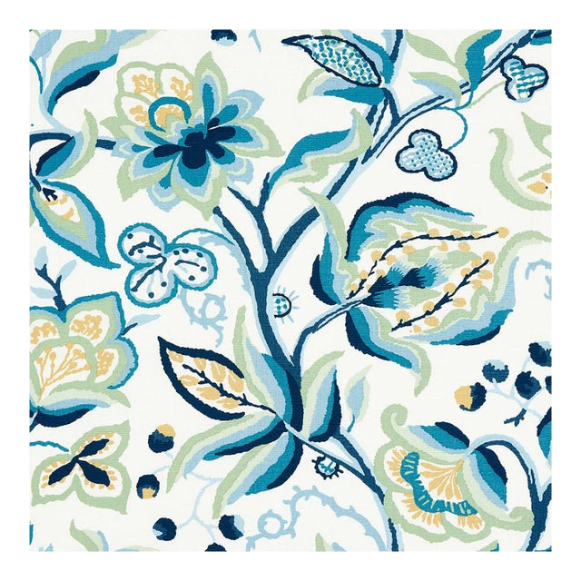 Sample - Schumacher Alexandra Vine Linen Fabric in Navy & Leaf For Sale