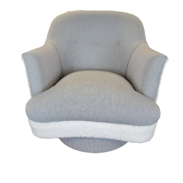 White Drexel Faux Shearling /Ticking Swivel Chair For Sale - Image 8 of 8