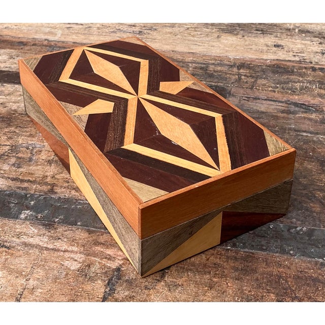 Mid-Century Modern Vintage Marquetry Wood Diamond Box For Sale - Image 3 of 12