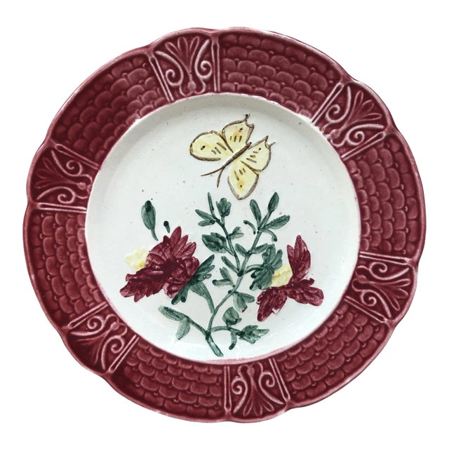 C.1900 French Majolica Plate With Flowers & Butterfly For Sale