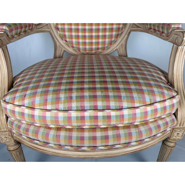 Late 20th Century Louis XVI Style Creme Painted Upholsterer Fauteuil Armchair For Sale - Image 10 of 11