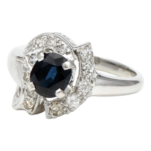 Platinum Vintage Sapphire(1.28) & Diamond(0.18) Ring, size 7 For Sale