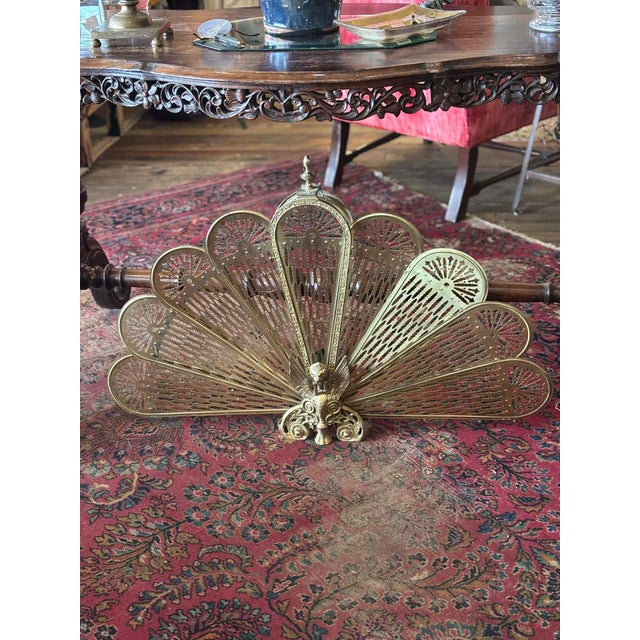 Victorian Antique Brass Peacock Fan Fire Screen For Sale - Image 3 of 10