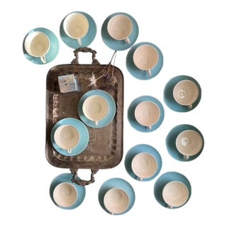 Vintage Mid-Century Modern Teacups and Saucers – “Temporama” Pattern (Unmarked) – Blue & Brown Atomic Design - 26pcs For Sale