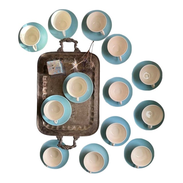 Vintage Mid-Century Modern Teacups and Saucers – “Temporama” Pattern (Unmarked) – Blue & Brown Atomic Design - 26pcs For Sale