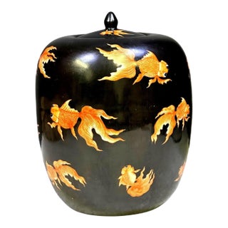 Black Noire Porcelain Ginger Jar - Goldfish Jiaqing Style For Sale