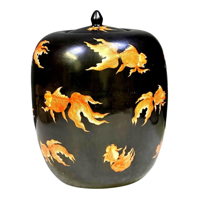 Black Noire Porcelain Ginger Jar - Goldfish Jiaqing Style For Sale