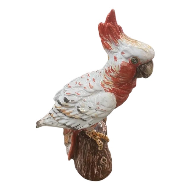 Italian Ceramic Cockatoo / Galah Parrot Sculpture on Stump For Sale