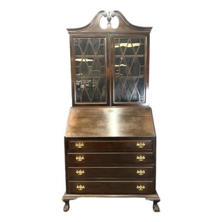 Antique Solid Mahogany Secretary Desk, Colonial MFG Co, Chippendale Revival Writing Cabinet (Circa 1920s-1930s) For Sale