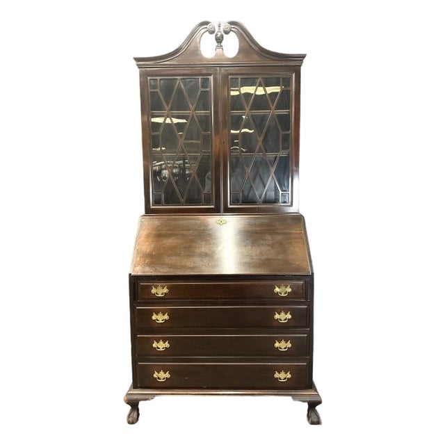 Antique Solid Mahogany Secretary Desk, Colonial MFG Co, Chippendale Revival Writing Cabinet (Circa 1920s-1930s) For Sale