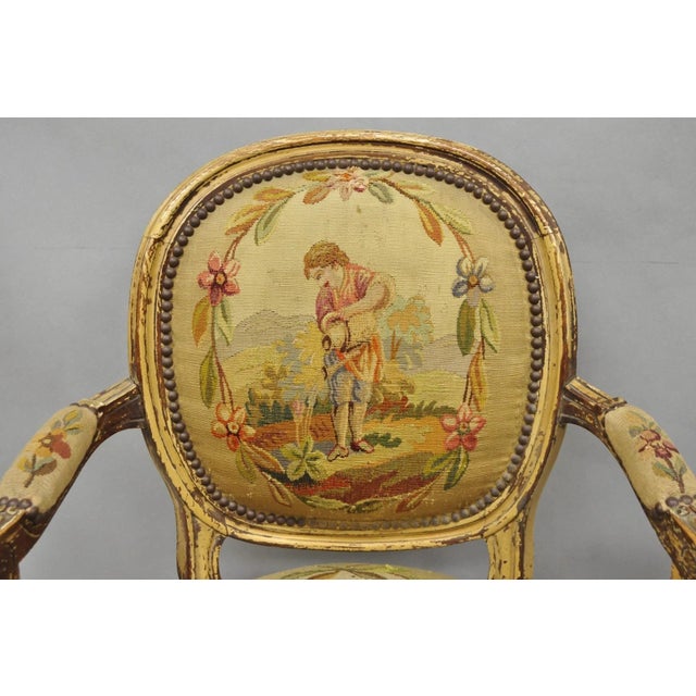Wood Antique French Louis XVI Style Aubusson Tapestry Fauteuil Arm Chairs - A Pair For Sale - Image 7 of 18