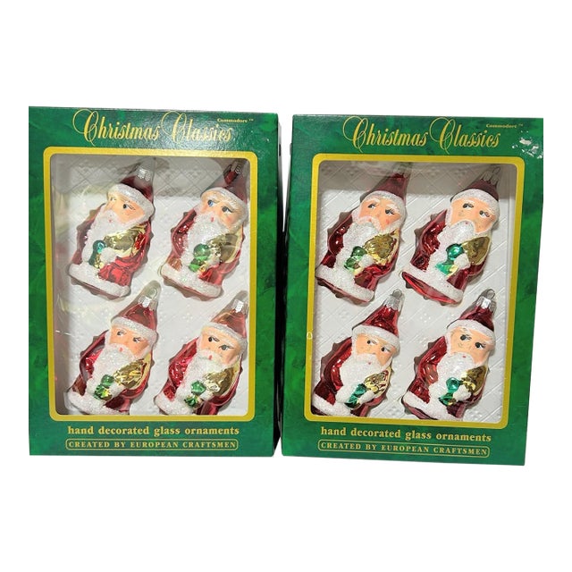 Vintage Mercury Glass Santa Christmas Ornaments With Mica Glitter – Set of 8 in Original Boxes For Sale