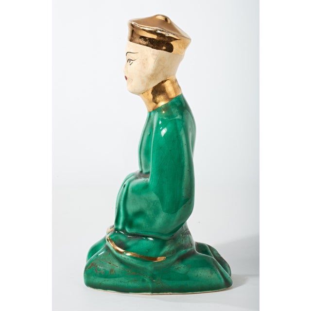 Ceramic Vintage Ceramic Figurine of Kneeling Chinese Man in Green and Gold For Sale - Image 7 of 9