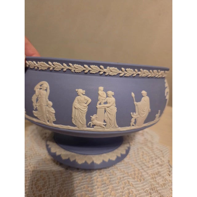 Elegant and highly collectible, this **Vintage MCM Wedgwood Blue Jasperware Large Imperial Pedestal Bowl** showcases the...