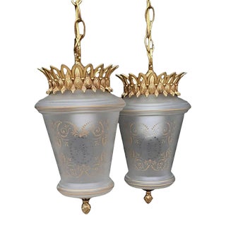 Mid-Century Hollywood Regency Large Frosted Glass Double Swag Pendant Lights For Sale