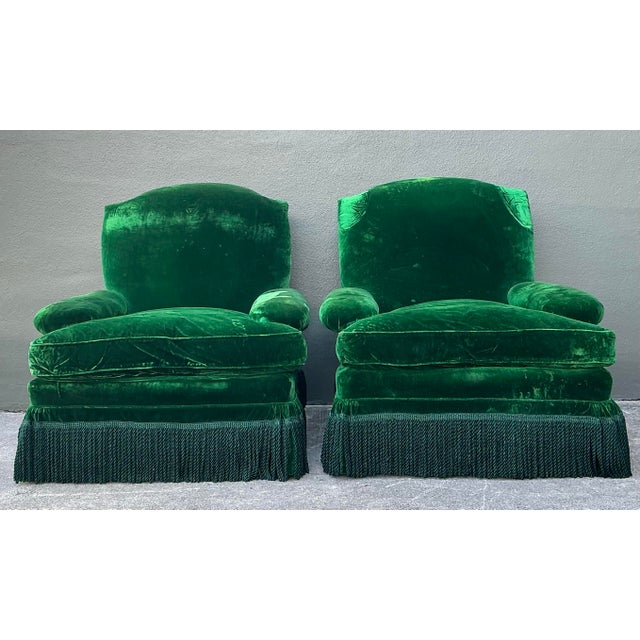 Late 20th Century Vintage Emerald Velvet Lounge Chairs - A Pair For Sale - Image 5 of 12