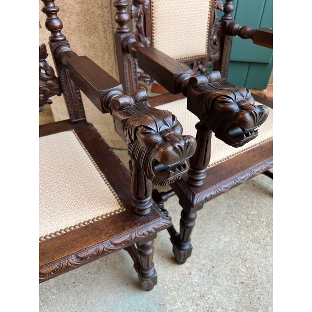 Pair Antique French Arm Chairs Dining Renaissance Carved Oak Bird Black Forest For Sale - Image 9 of 12