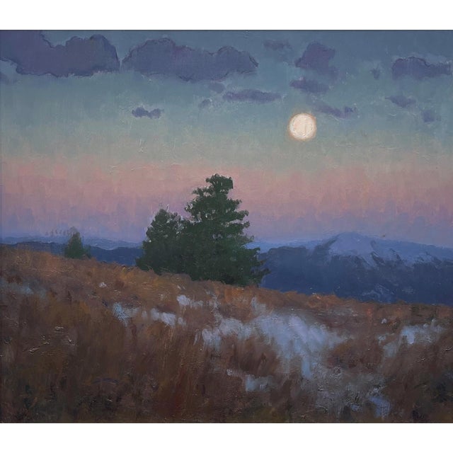 Winter Moon by Devin Michael Roberts | Oil on panel Landscape with a moonlit sky and mountains. For Sale - Image 4 of 5