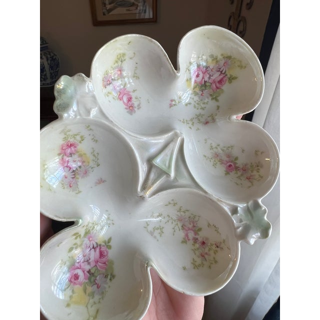 Antique Early 1900’s French Lustreware Floral Deviled Egg or Oyster Plate, Unique Shape With 6 Wells. It measures 4.5”x...