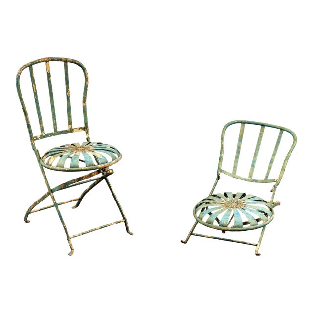 Pair of Vintage François Carré Wrought Iron "Sunburst" Folding Garden Chairs For Sale