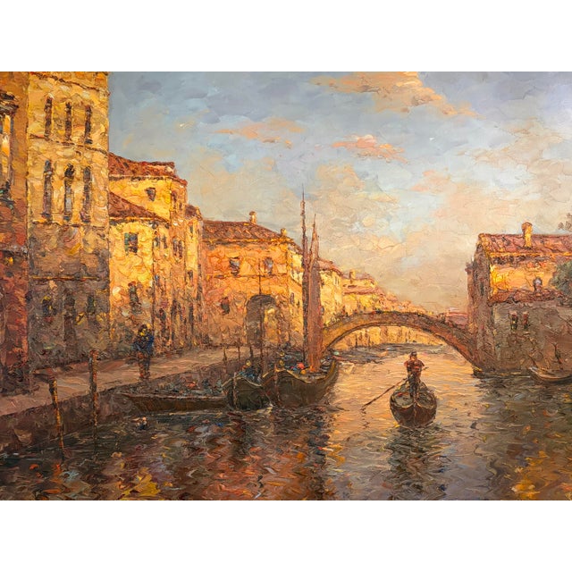 Large Impressionist oil painting on canvas capturing a Venetian canal scene with gondolas, historic architecture, and an...