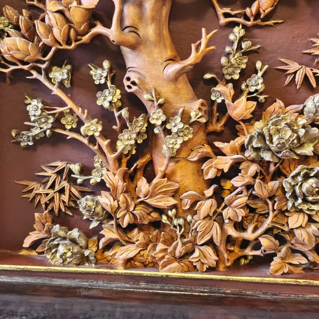 Early 20th Century Antique Chinese Japanese Relief Carved Wood Lacquer Panel Birds Prunus Tree Wall For Sale - Image 5 of 11