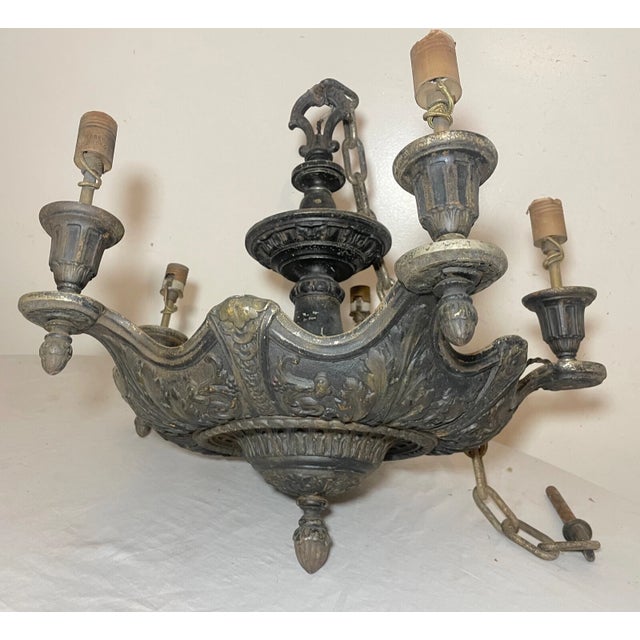 Antique Ornate Neoclassical Heavy Cast Iron 5 Arm Hanging Fixture Chandelier For Sale In New York - Image 6 of 18
