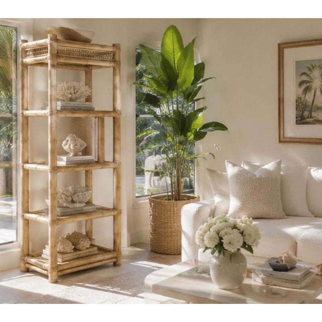 Ecru Vintage Mid-Century Palm Beach Regency Bamboo and Rattan Etagere For Sale - Image 8 of 12