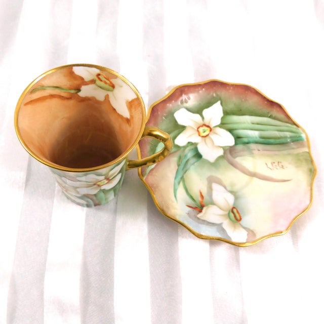 1990s Jean Pouyat Limoges Signed Chocolate Pot Set With Hand Painted Daffodils For Sale - Image 13 of 18