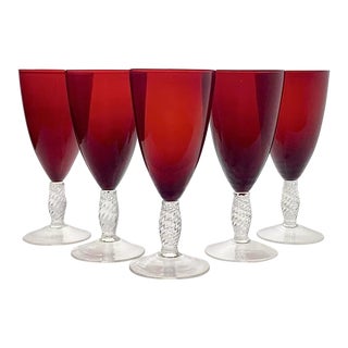1990s Set of 5 Ruby Red All Purpose Wine or Water Glasses, Twist Stem For Sale