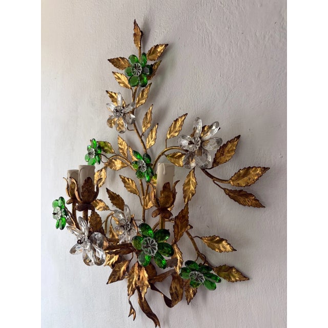 Italian Maison Baguès Style 3 Lights Green Crystal Flowers Tole Bow Sconces, Circa 1940 For Sale - Image 3 of 13