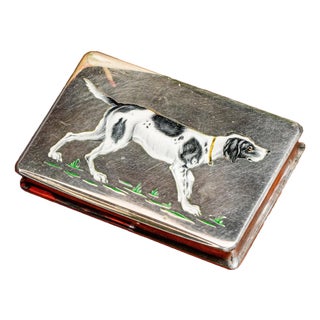 1910s Hand-Painted Enamel Hound Hunting Pointer Dog Antique Continental Silver Snuff Box For Sale