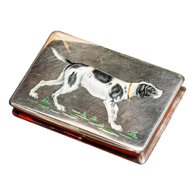 1910s Hand-Painted Enamel Hound Hunting Pointer Dog Antique Continental Silver Snuff Box For Sale