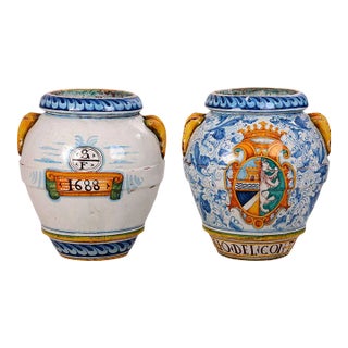 1960's Pair of Italian Hand Painted Terra Cotta Jardieniers For Sale